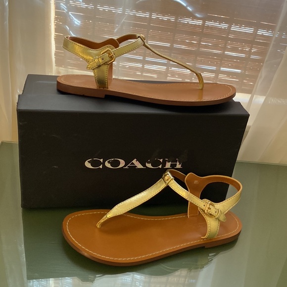 Coach Metallic Gold T-Strap Sandals - Picture 1 of 11
